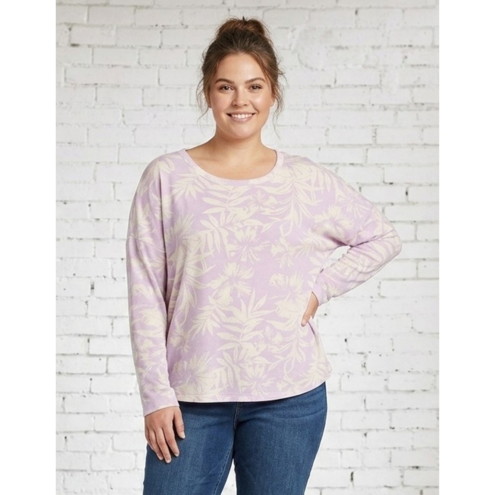 Lucky Brand Drop Shoulder Long Sleeve Top Purple Palm Leaf Print Size XL